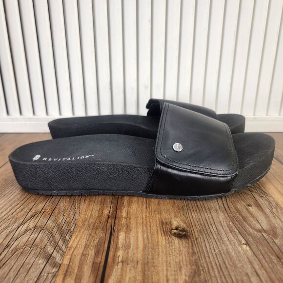 Revitalign Breezy Slide Womens 11 Black Leather Comfort Orthotic Slip On Sandals - Picture 1 of 9